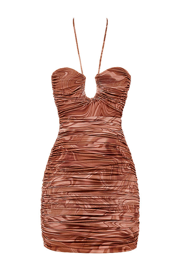 Halter mini dress with cocoa swirl cutout