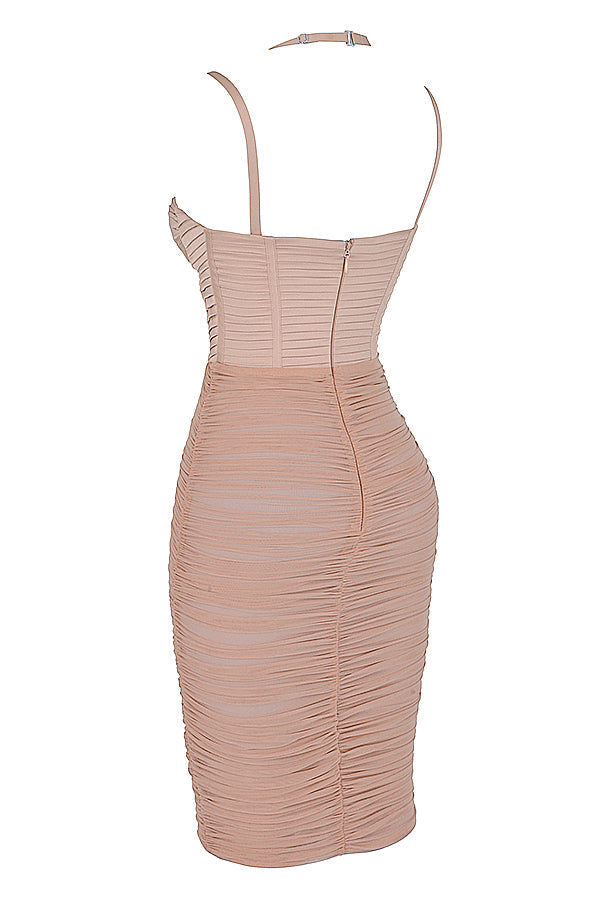 Taupe pleated midi corset dress