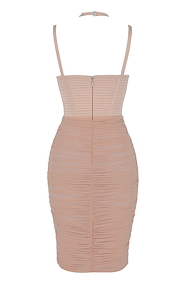 Taupe pleated midi corset dress