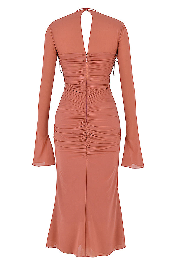 Rose midi dress made of real silk with ruffles