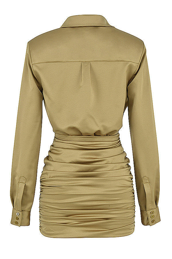 Olive satin shirt dress