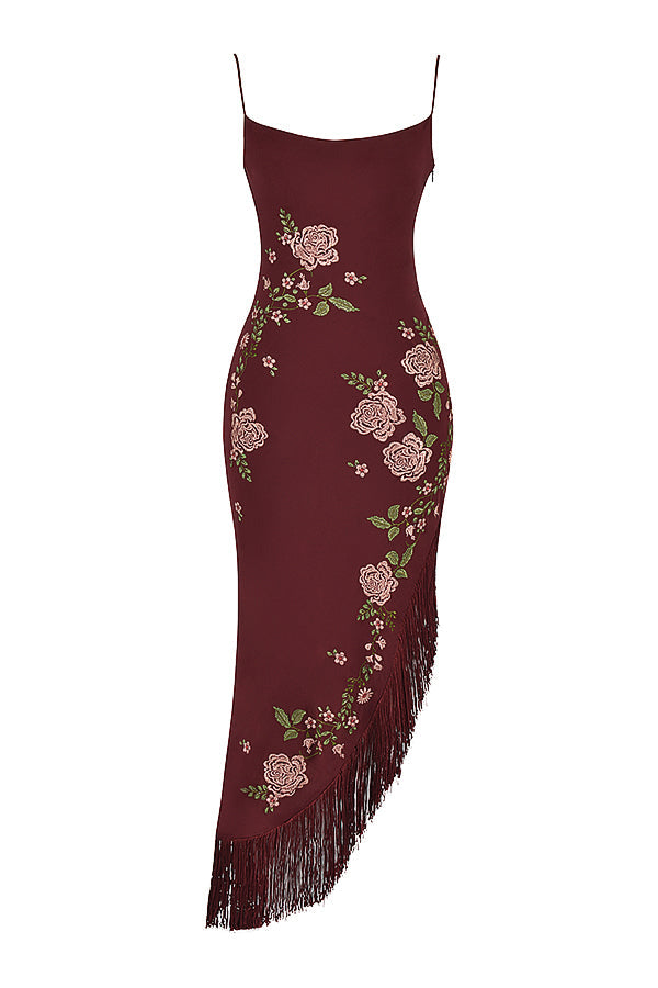 Wine embroidered midi dress