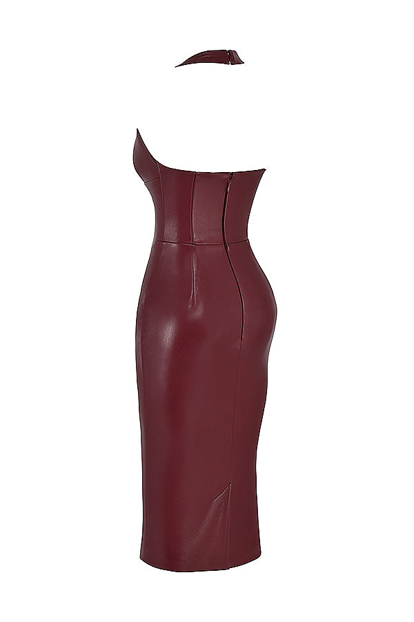 Fitted dress made of wine eco leather