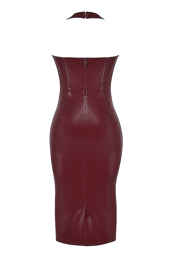 Fitted dress made of wine eco leather