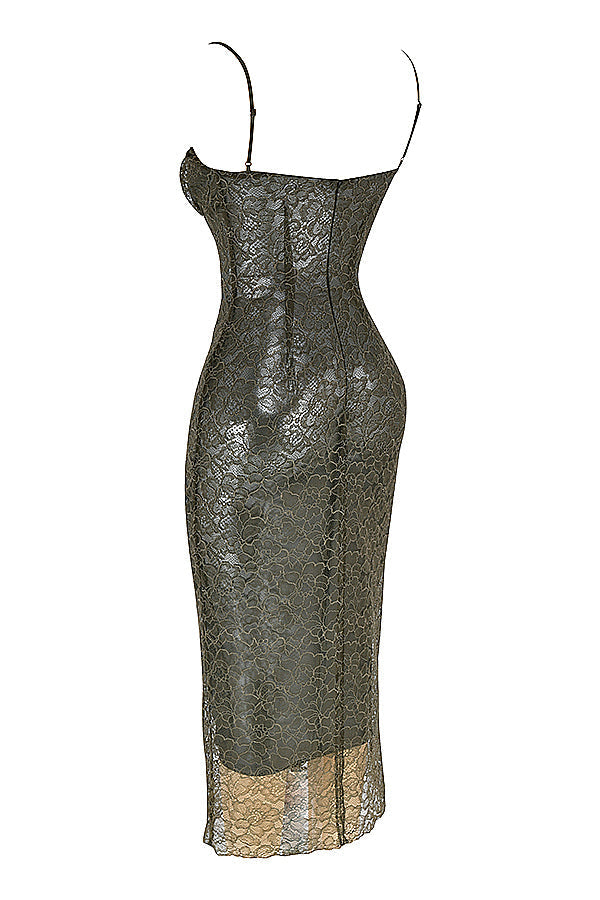 Midi dress of olive green lace