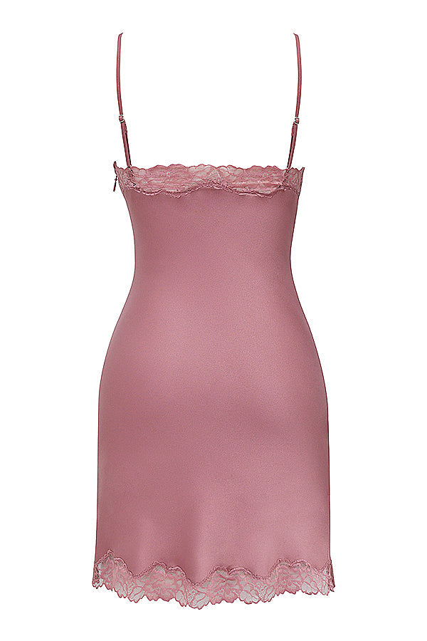 Pink satin and lace slip dress