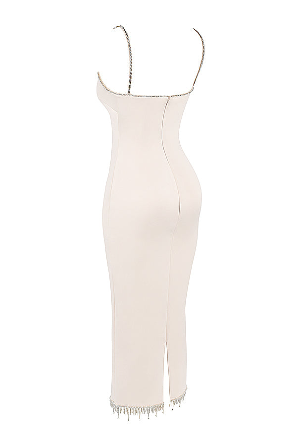 Ivory satin midi dress with crystals