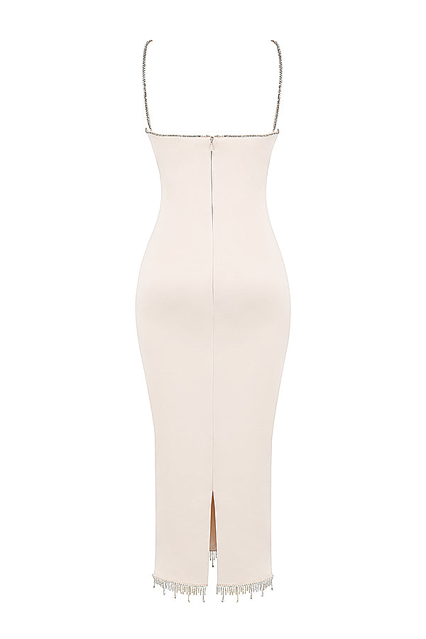 Ivory satin midi dress with crystals