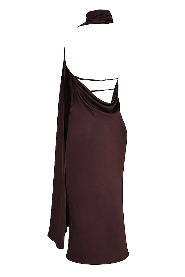 Midi dress with chocolate-colored wrap neck