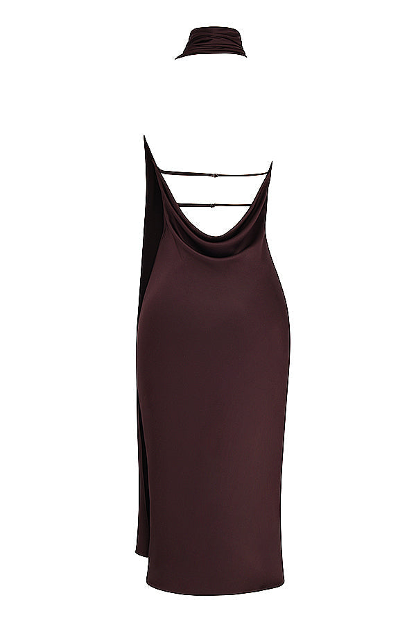 Midi dress with chocolate-colored wrap neck