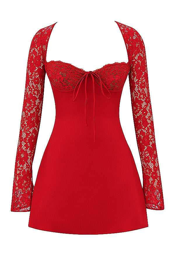 Mini dress of red pink satin and lace