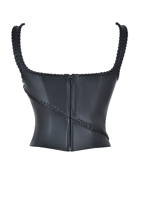 Black vegan leather corset with mini skirt