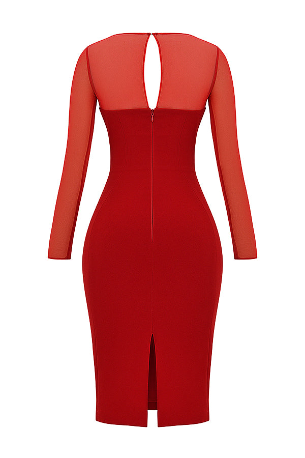 Deep red plunge Midi dress