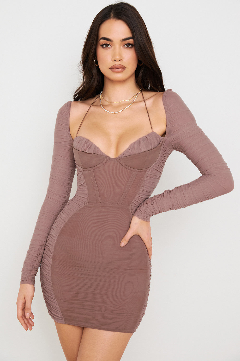 Mocha mini corset dress with ruffles