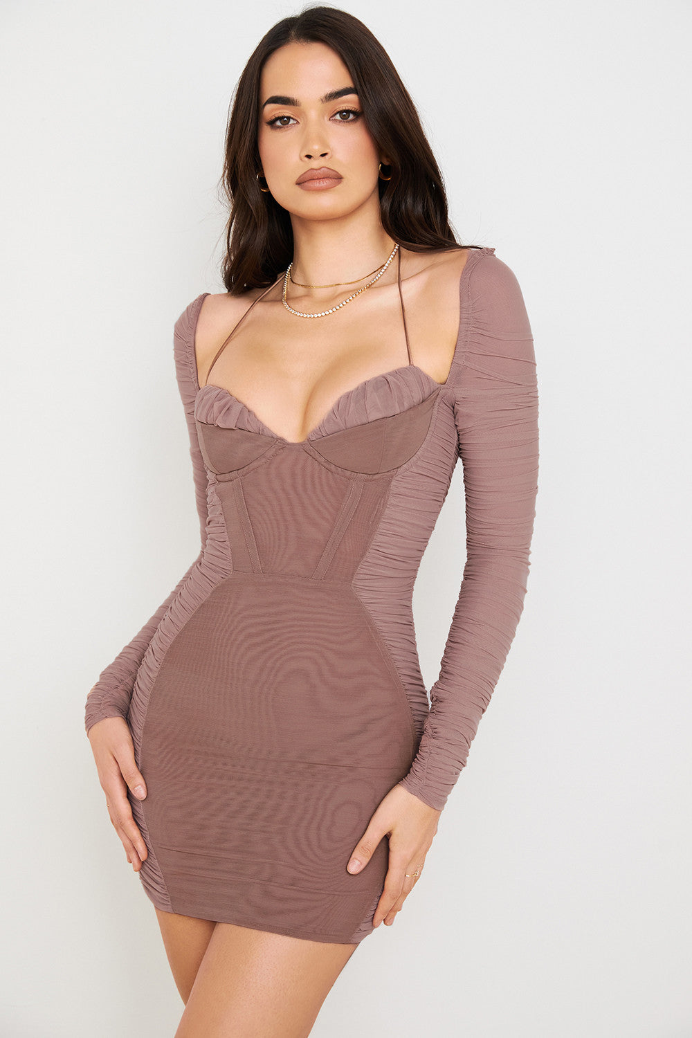 Mocha mini corset dress with ruffles