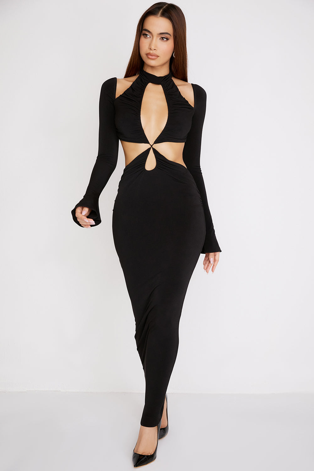 Black jersey maxi dress with cutout