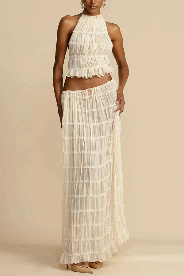 Halter Top With Maxi Skirt Set In Beige