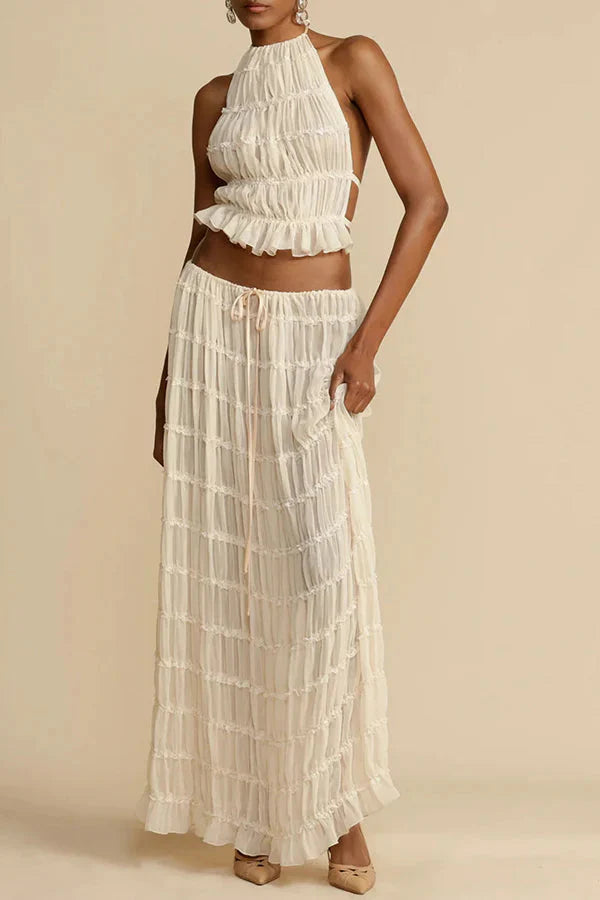 Halter Top With Maxi Skirt Set In Beige