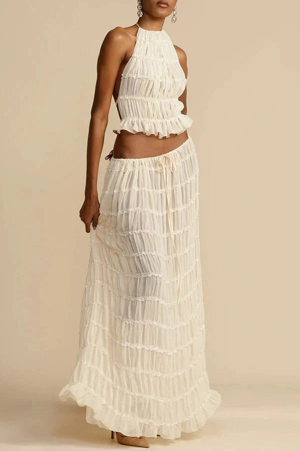 Halter Top With Maxi Skirt Set In Beige