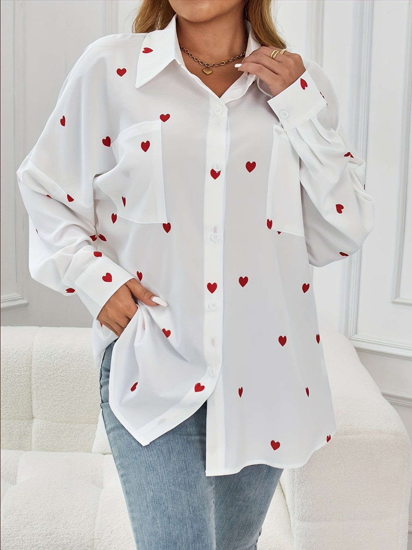 Heart Print Loose Shirt In White