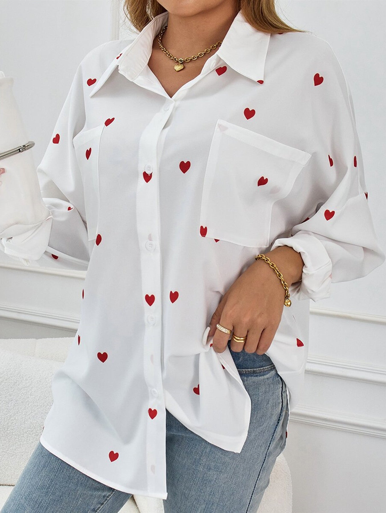 Heart Print Loose Shirt In White