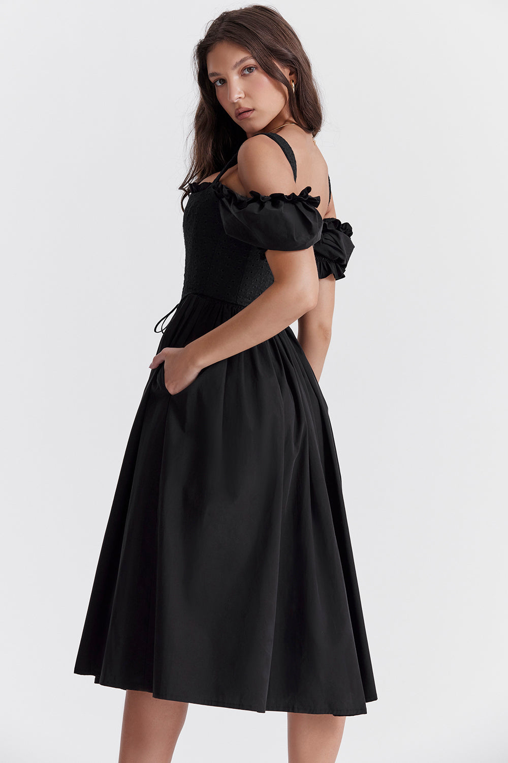 Black midi sundress with puff sleeves