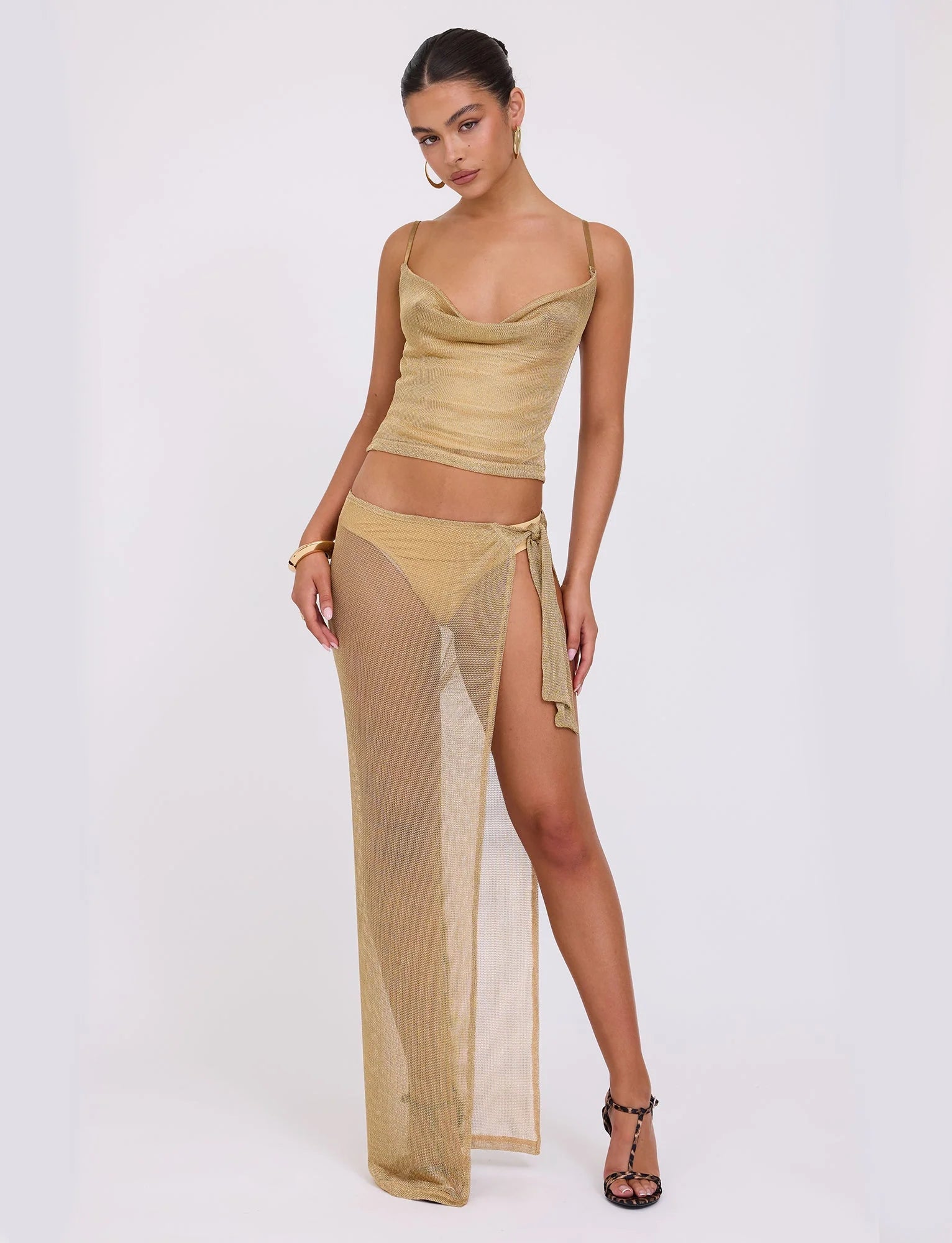 See-Through Maxi Skirt With Cowl Neck Top In Gold Metallic