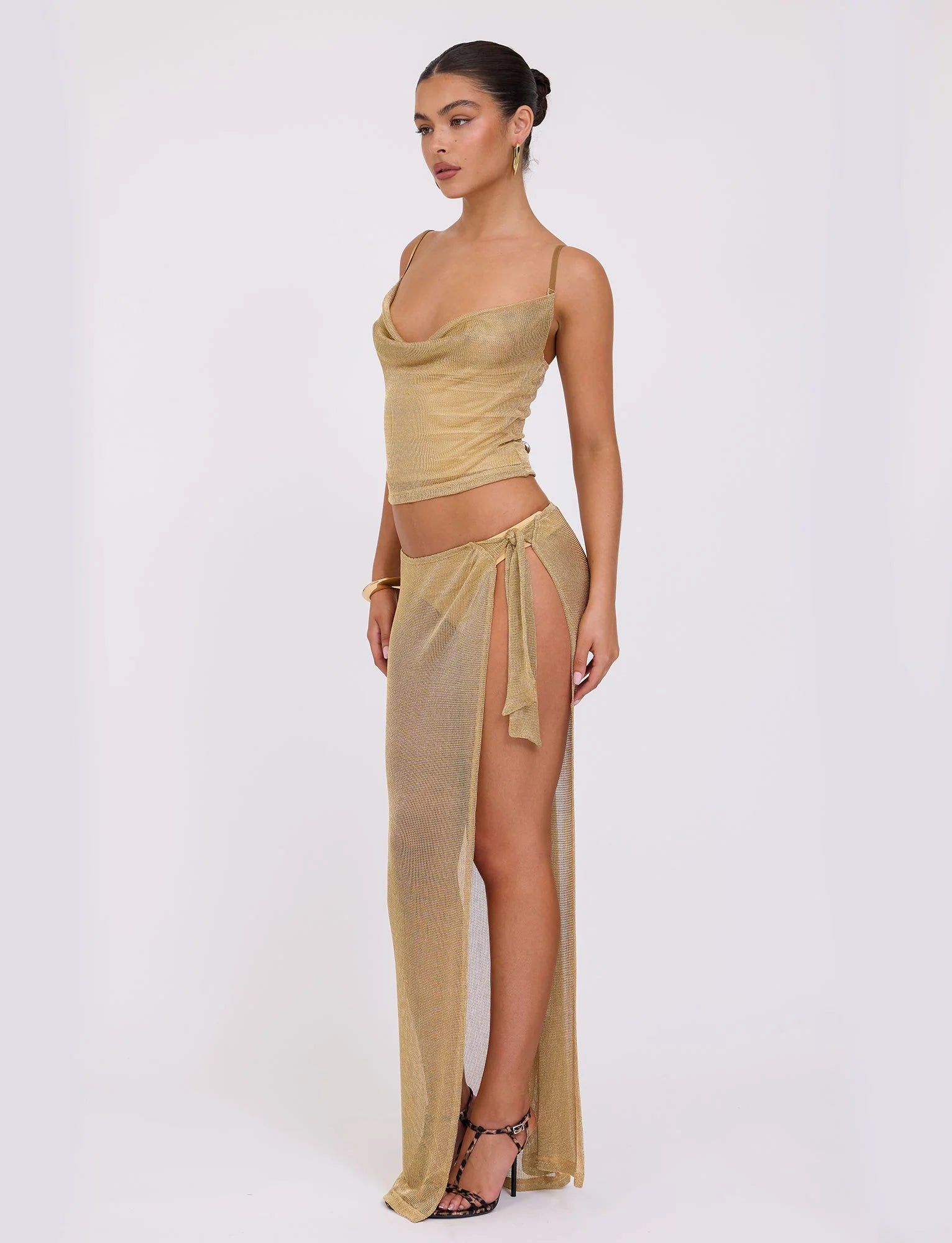 See-Through Maxi Skirt With Cowl Neck Top In Gold Metallic