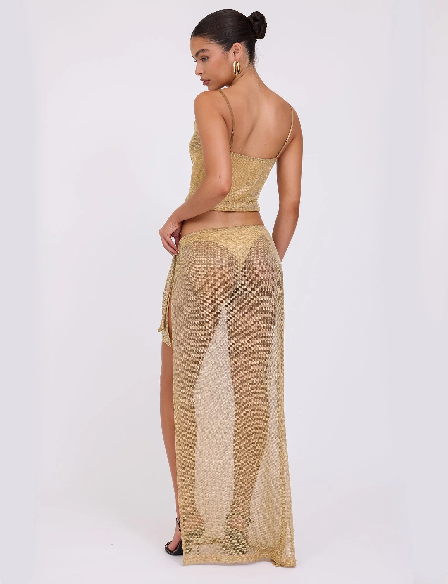 See-Through Maxi Skirt With Cowl Neck Top In Gold Metallic