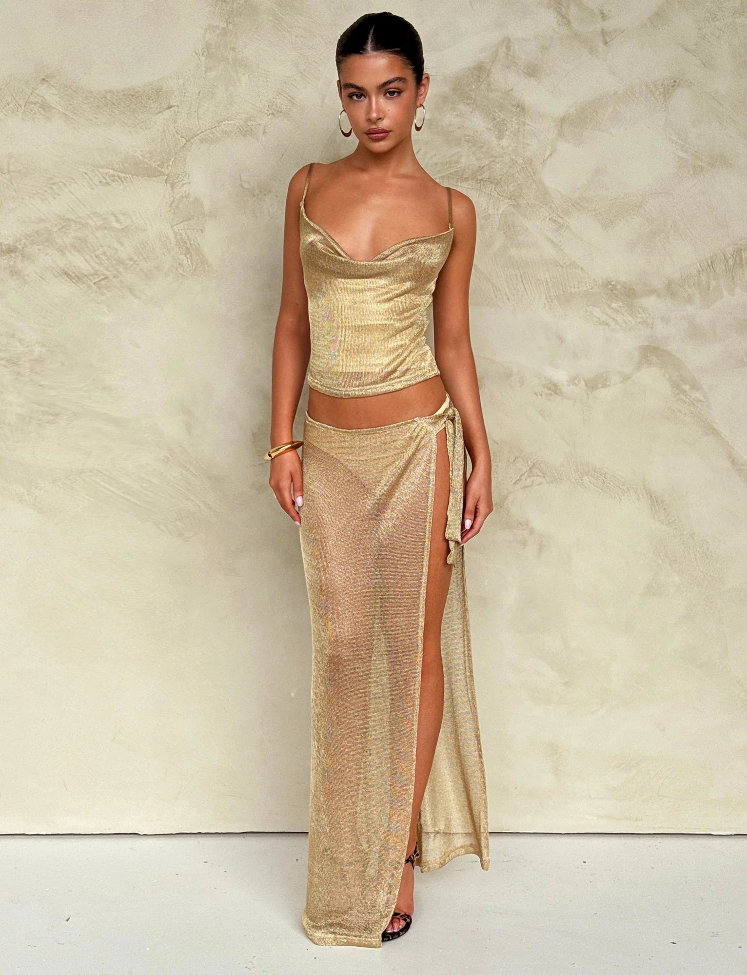 See-Through Maxi Skirt With Cowl Neck Top In Gold Metallic