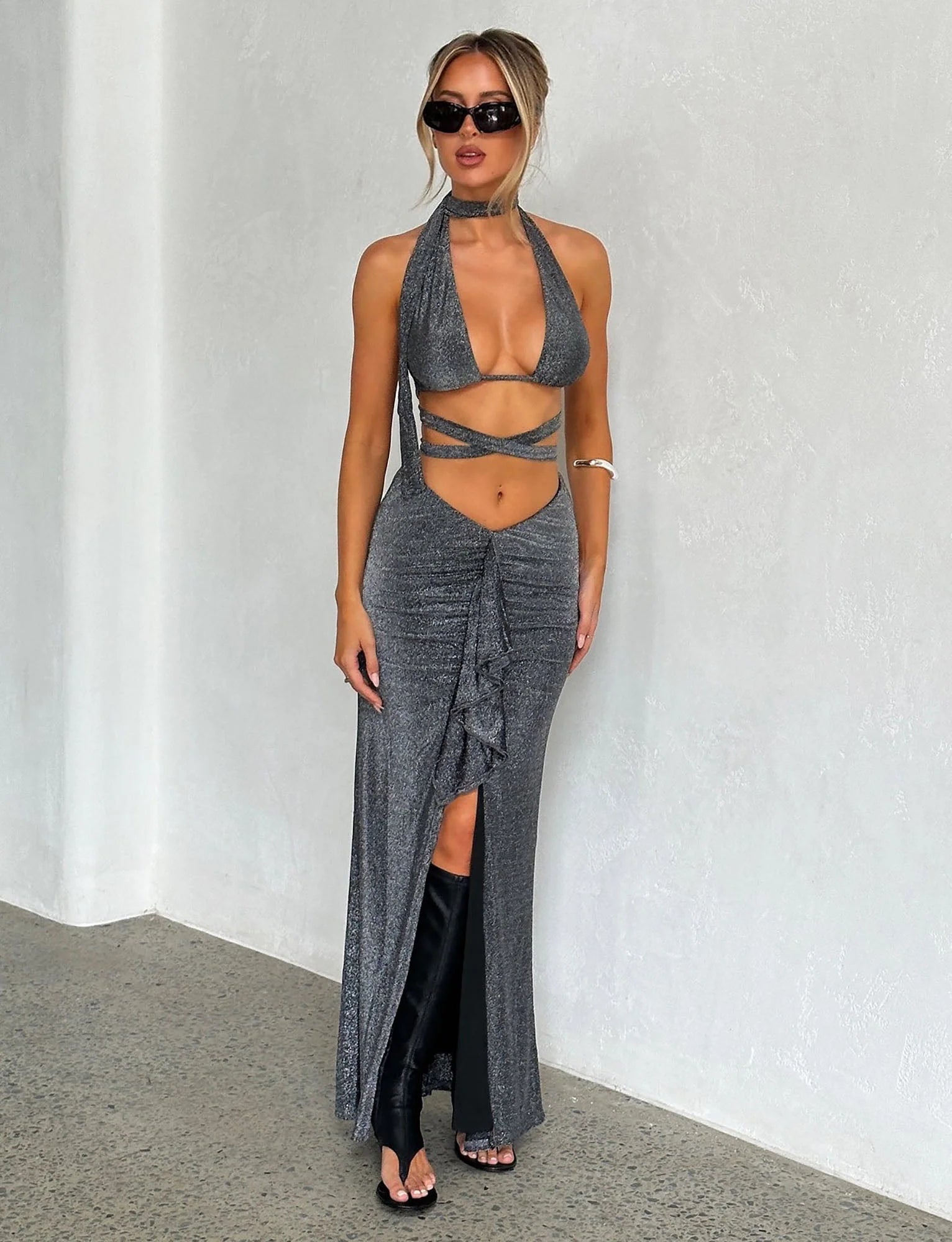 Front Split Maxi Skirt With Bikini Top In Shimmery Silver