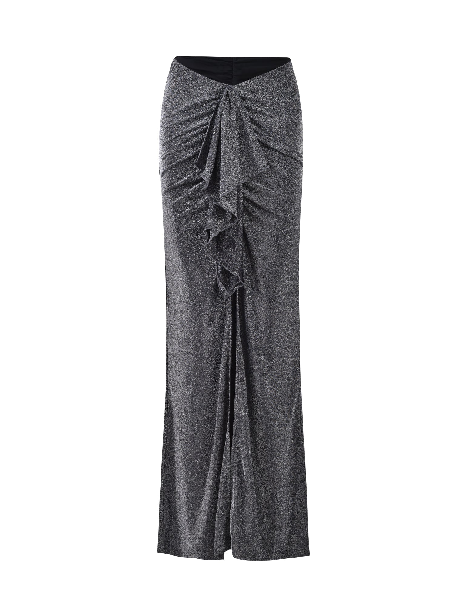 Front Split Maxi Skirt With Bikini Top In Shimmery Silver