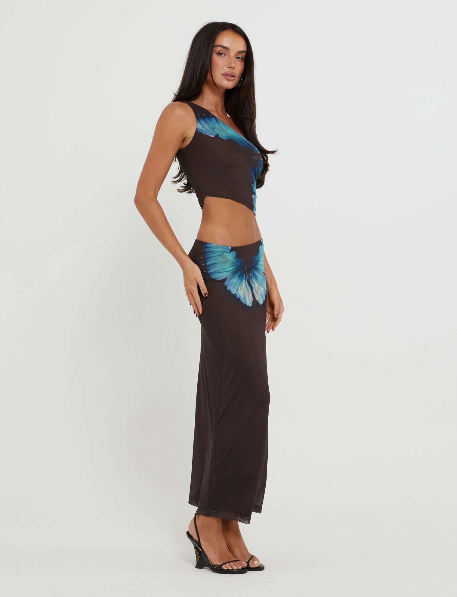 Butterfly Maxi Skirt  With One Shoulder Top In Brown