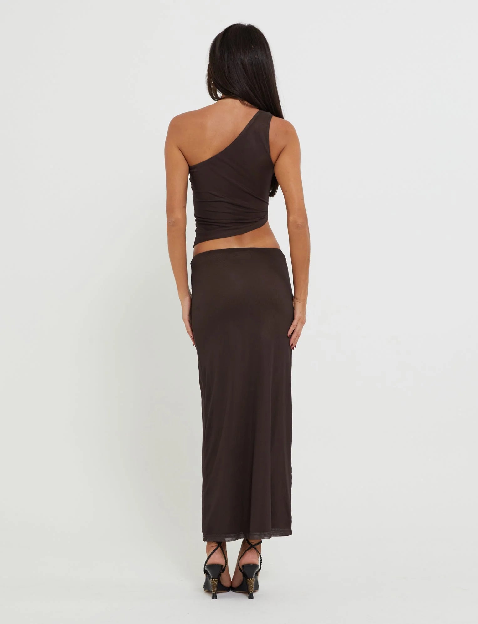 Butterfly Maxi Skirt  With One Shoulder Top In Brown