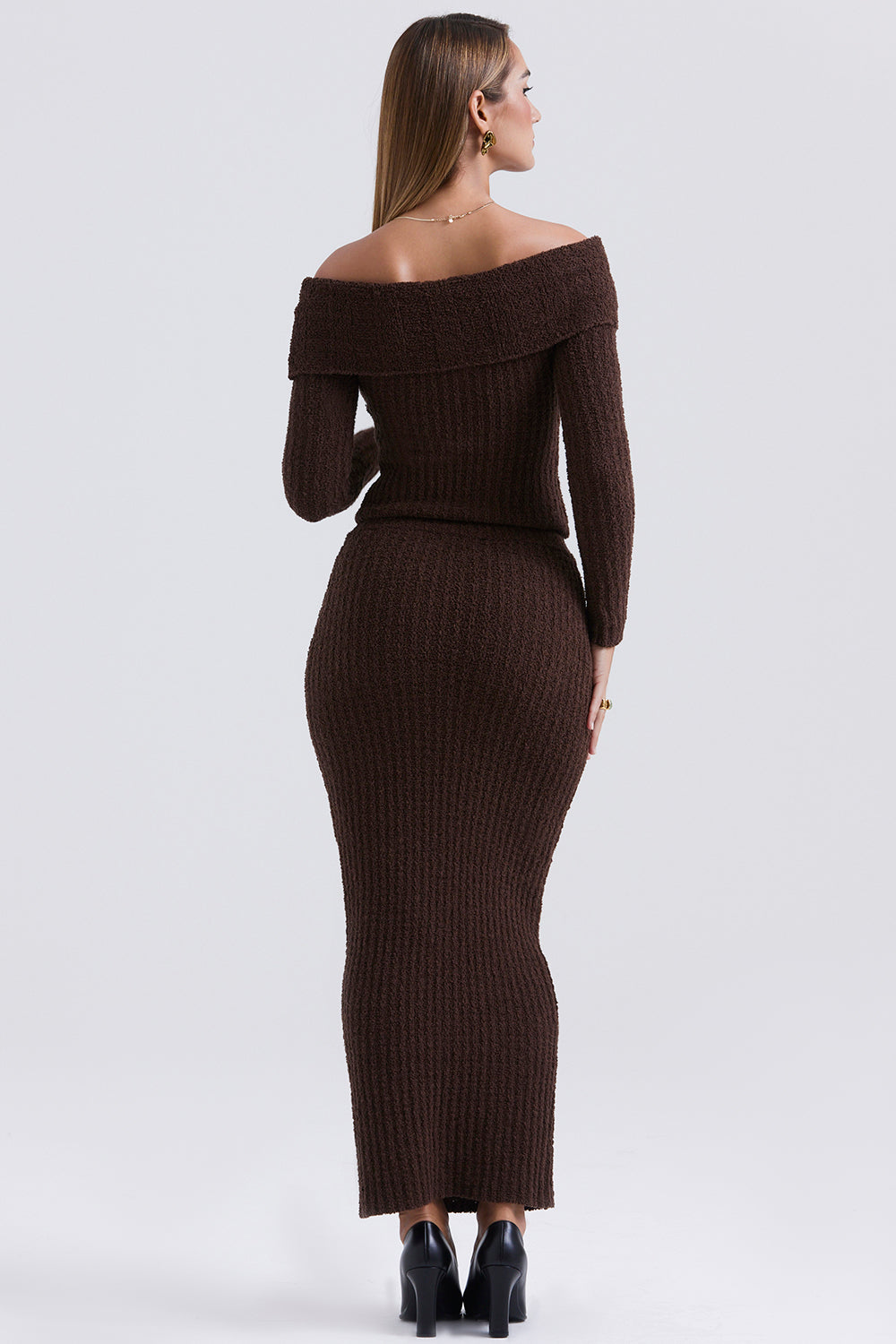 Chocolate soft bouclé knitted top with cotton maxi skirt