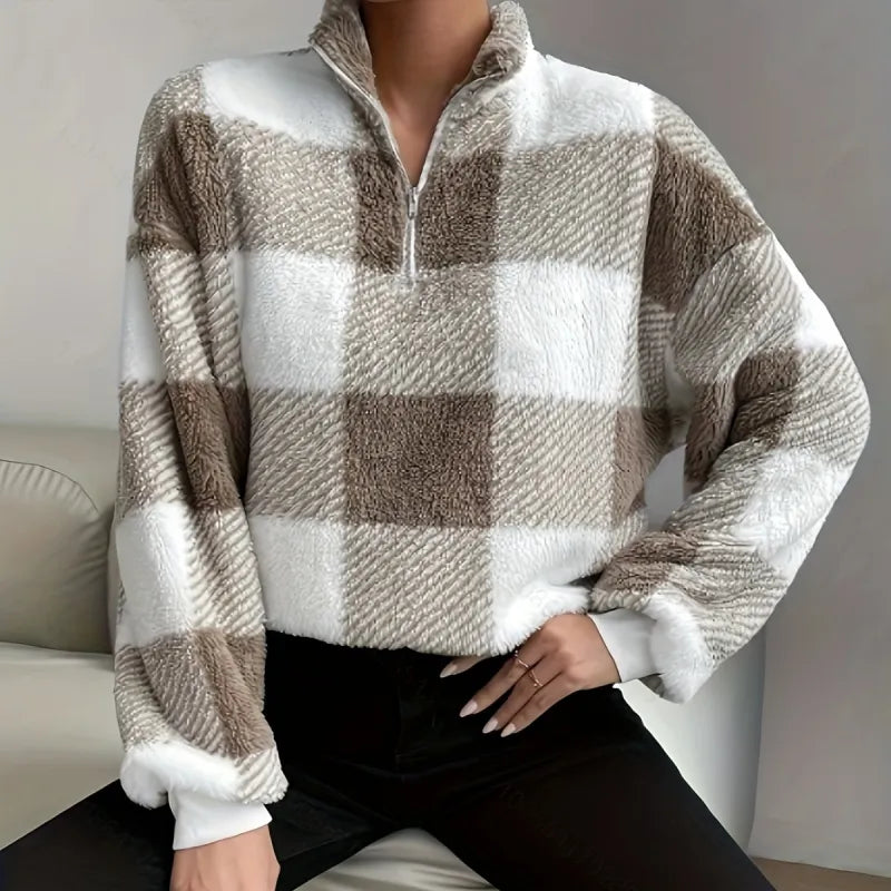 Half Zip Plaid Loose Sweater In Brown