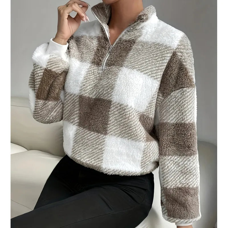 Half Zip Plaid Loose Sweater In Brown