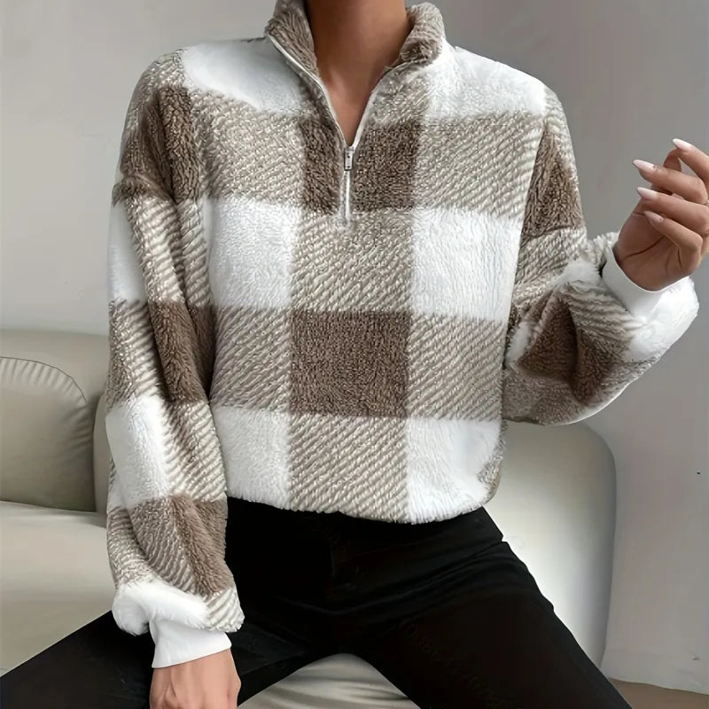 Half Zip Plaid Loose Sweater In Brown