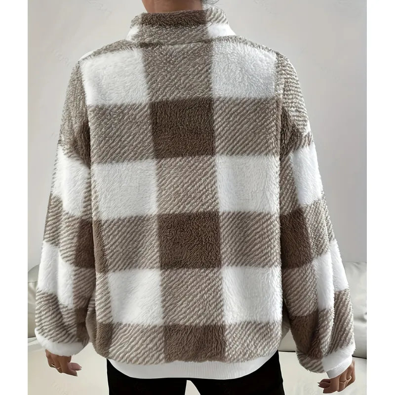 Half Zip Plaid Loose Sweater In Brown