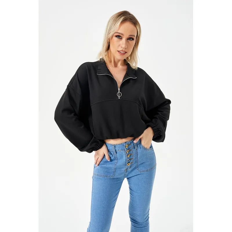 Half Zipper Loose Cropped Sweatshirt