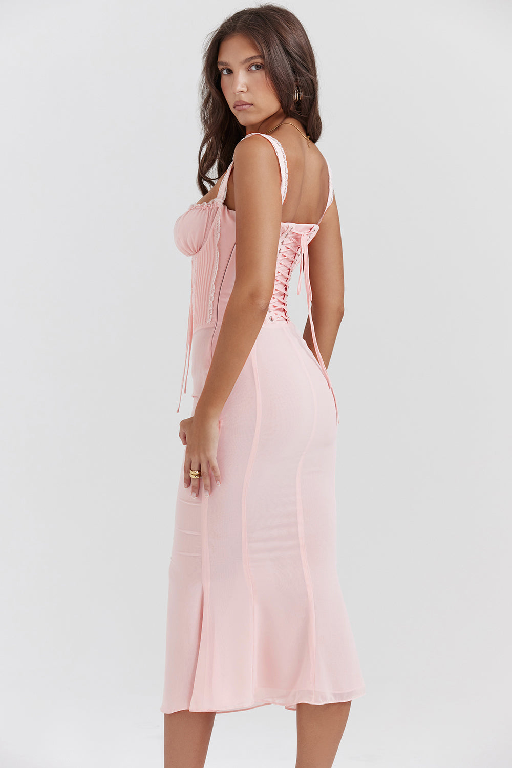 Soft peach colored midi dress with lace back