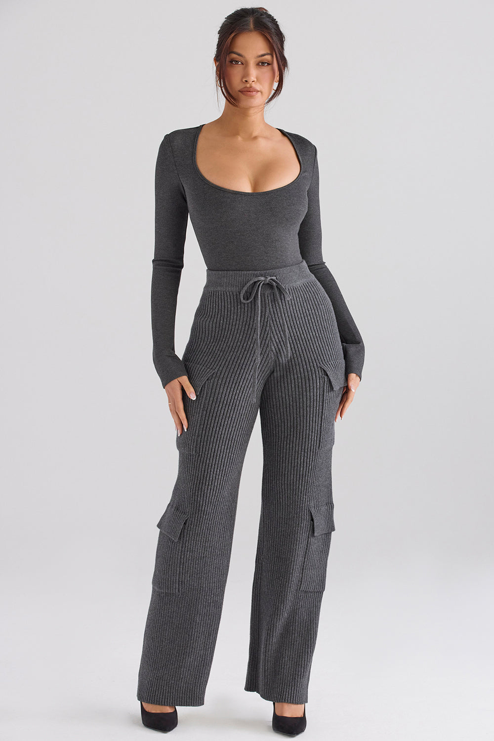 Dark gray bodysuit with anthracite ribbed cargo pants