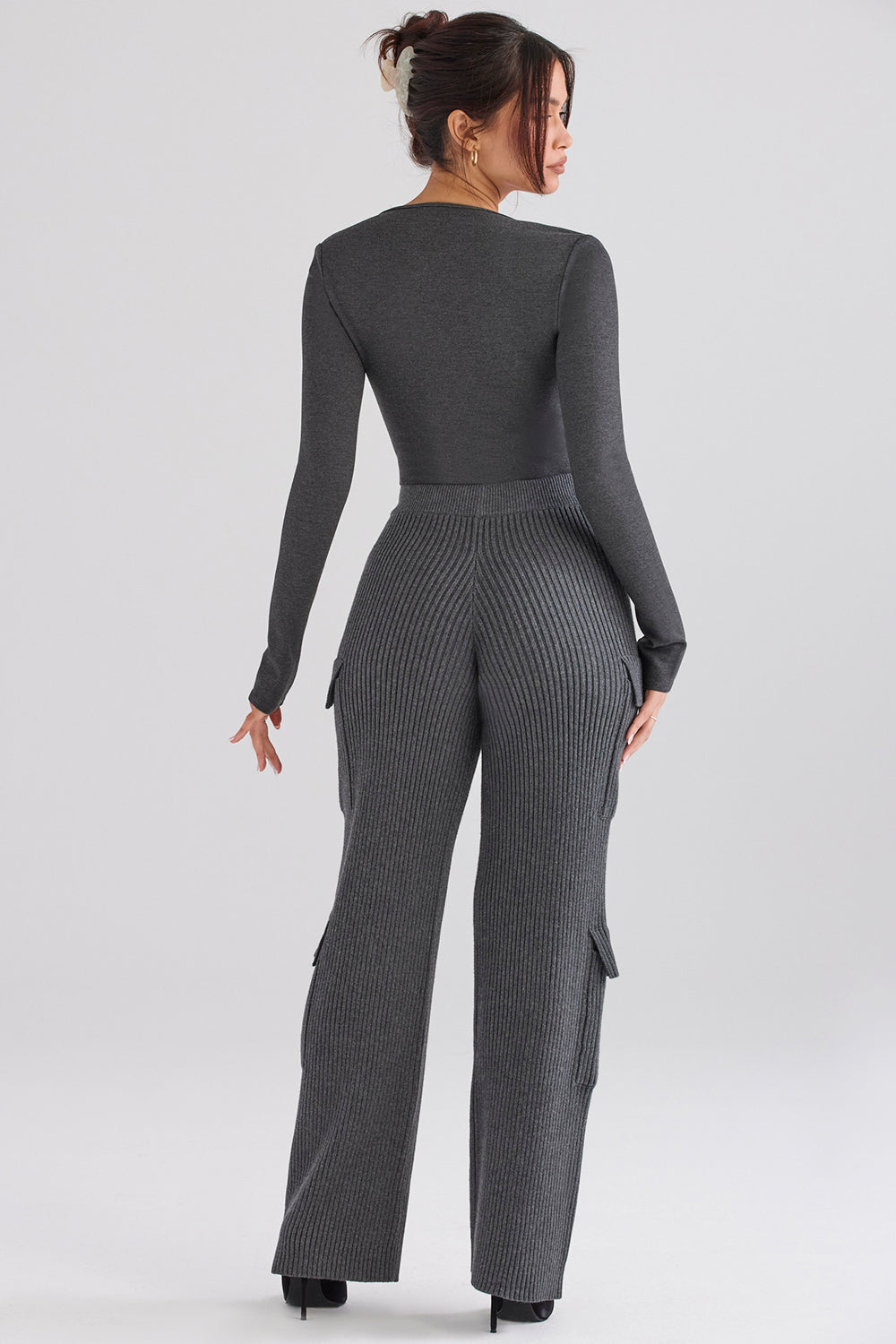 Dark gray bodysuit with anthracite ribbed cargo pants