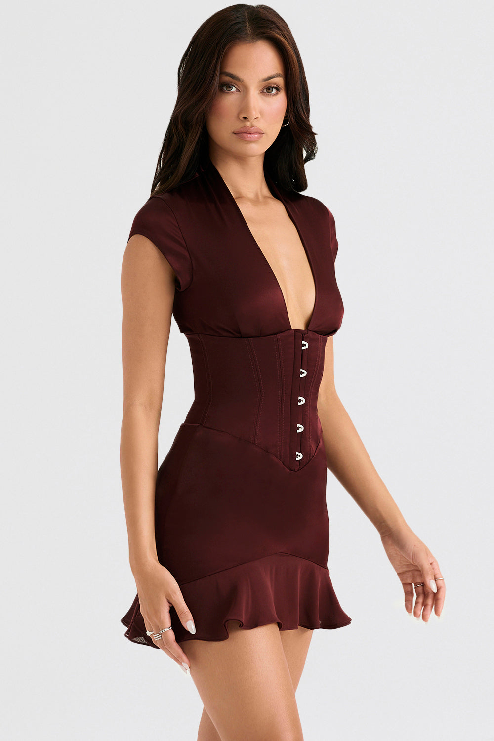 Wine red corset dress with ruffles