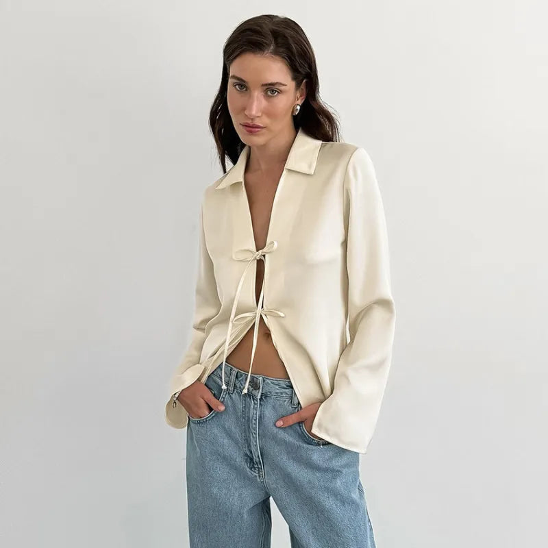 Loose Shirt With Ribbons In Beige