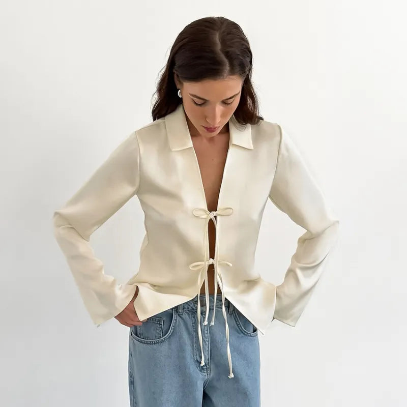 Loose Shirt With Ribbons In Beige