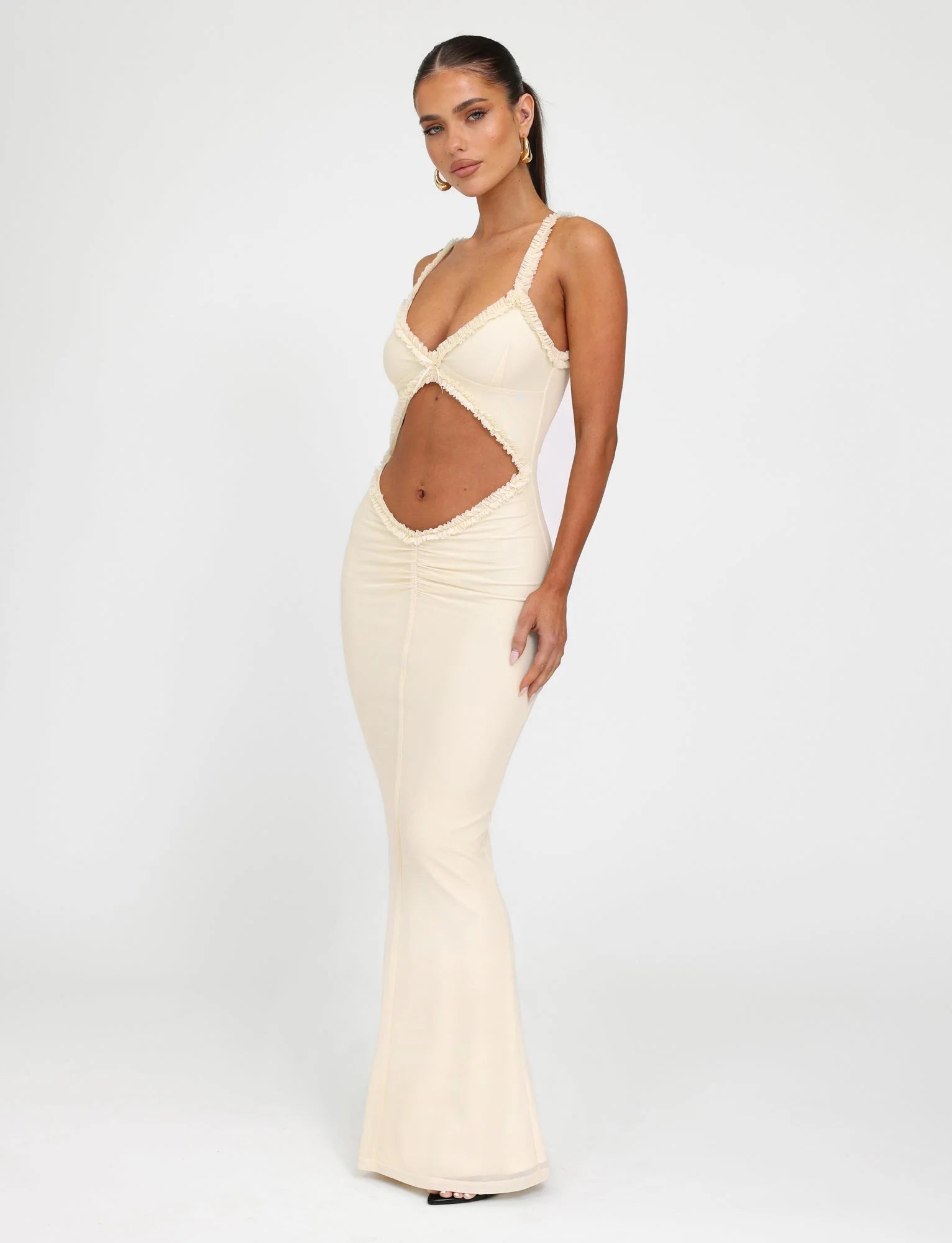 Front Cutout Ruffle Detail Maxi Dress