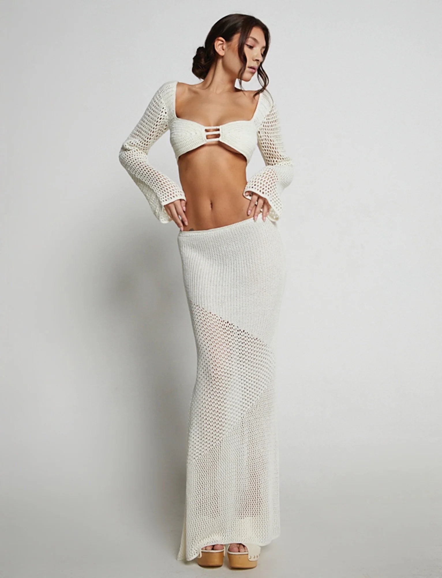 Crochet Maxi Skirt With Long Sleeve Crop Top Set