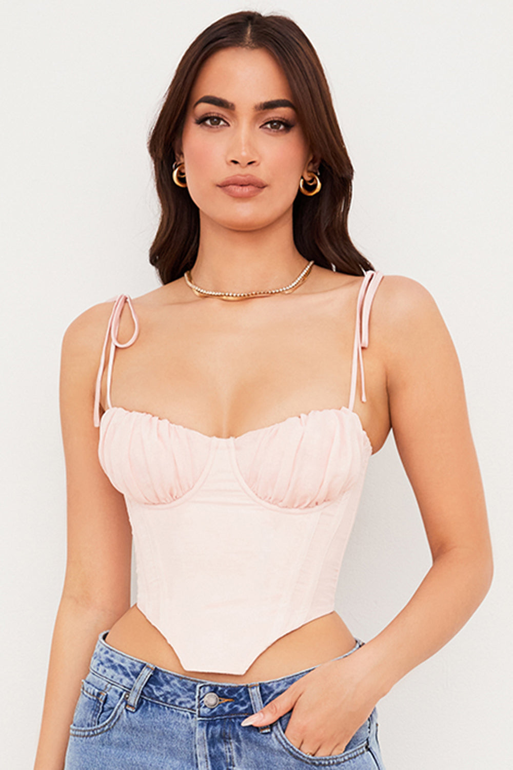 Baby pink cropped corset with pleated chiffon bust