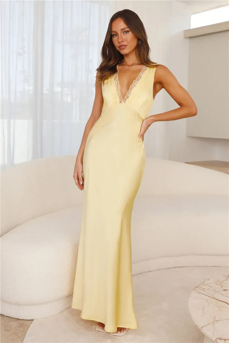 Deep V-Neck Satin Maxi Dress In Yellow